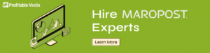 Green Banner with the text "Hire Maropost Experts" and, an image of a laptop with data and a white button with the text "Learn More"