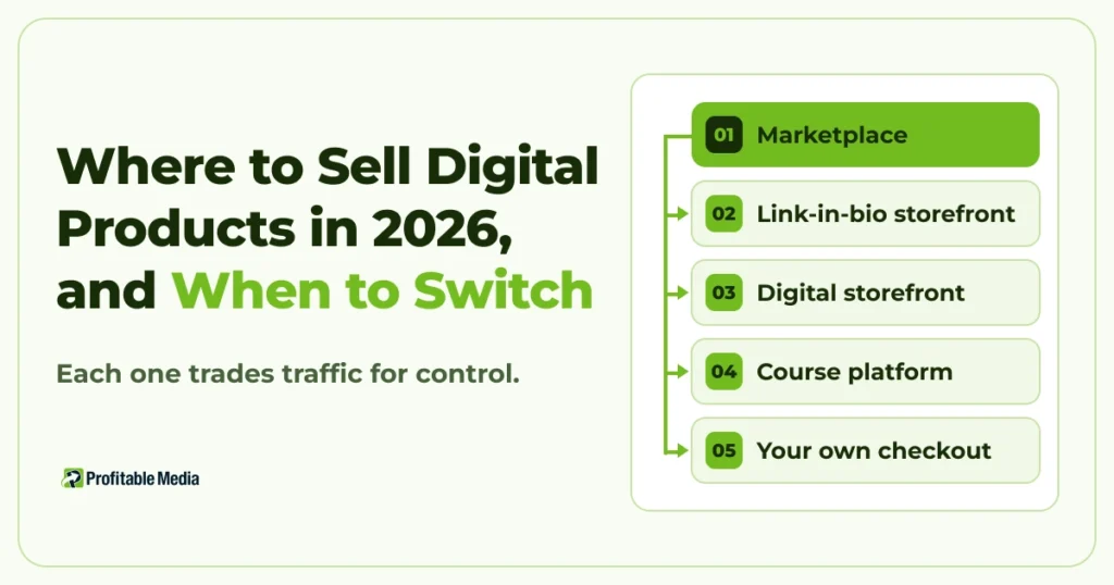 Five channels for selling digital products: marketplace, link-in-bio storefront, digital storefront, course platform and your own checkout.